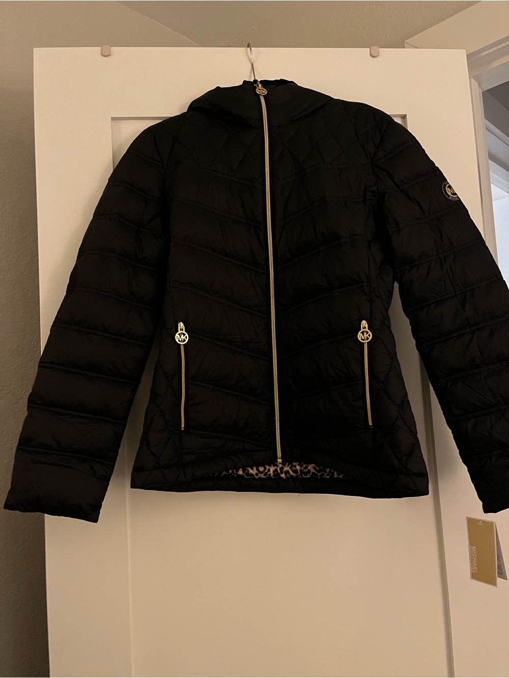 Michael Kors Black Quilted Hooded Puffer Jacket with Gold Trim
